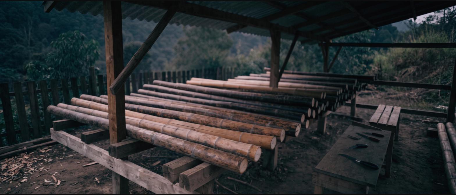 Harvested bamboo poles of varying diameters stacked and drying on wooden racks under an open shed roof