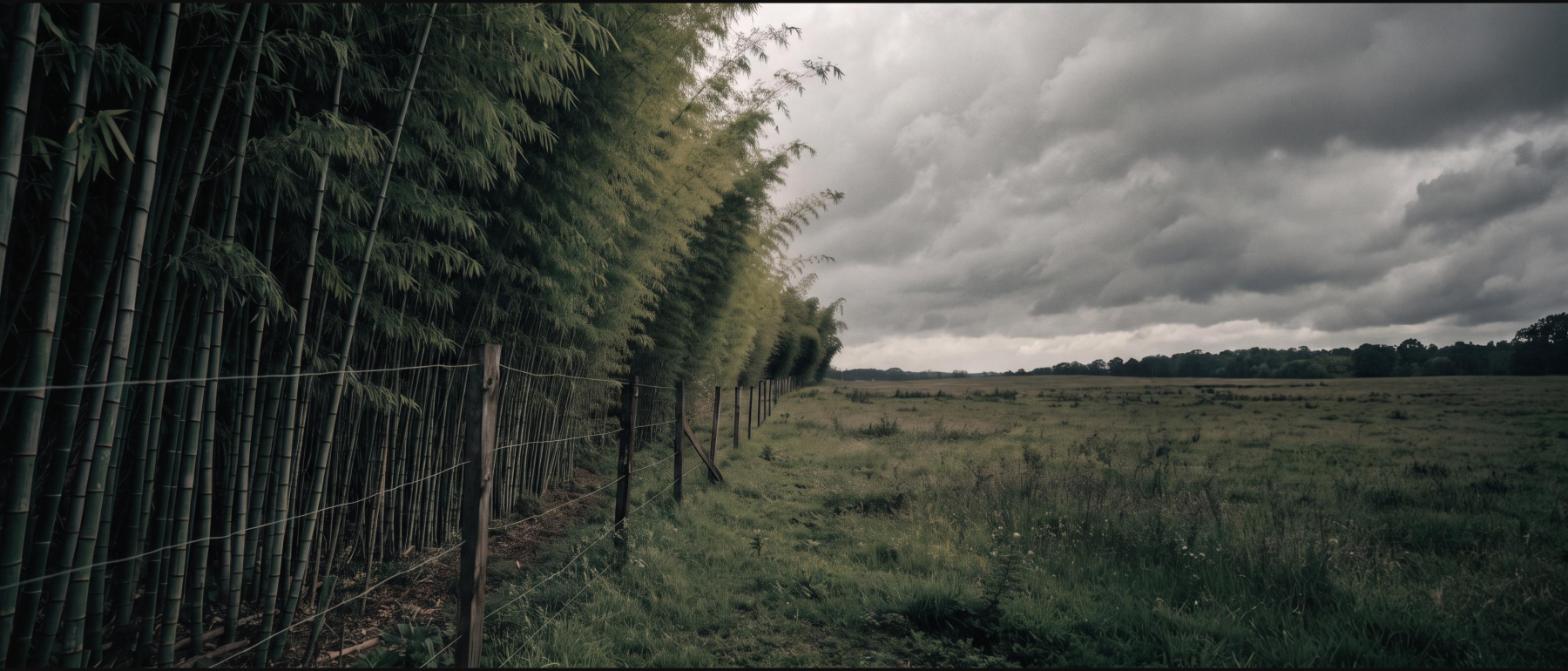 A thick stand of tall bamboo running along a rural property boundary beside a wire fence and open pasture