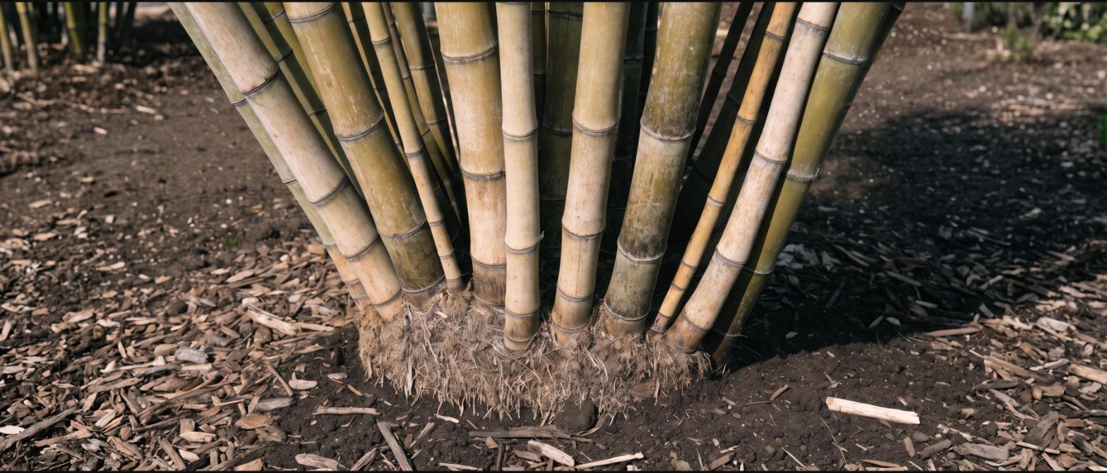 Close-up of the base of a clumping bamboo showing many culms emerging tightly from one compact crown